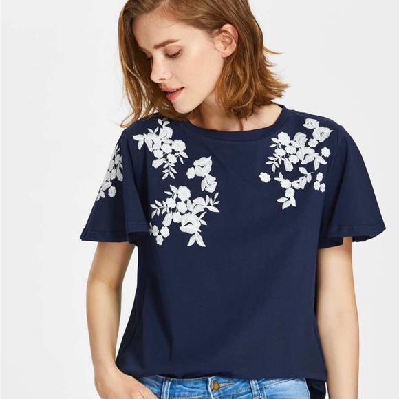 SHEIN Floral Embroidered Flutter Sleeve Tee - Picture 7 of 10